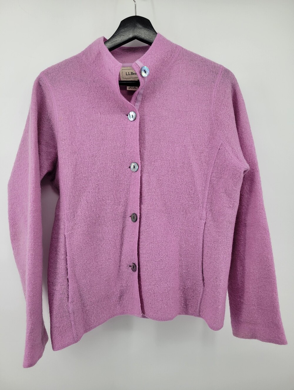 L.L. Bean wool button-up boiled wool cardigan jacket in a heathered pink/orchid
